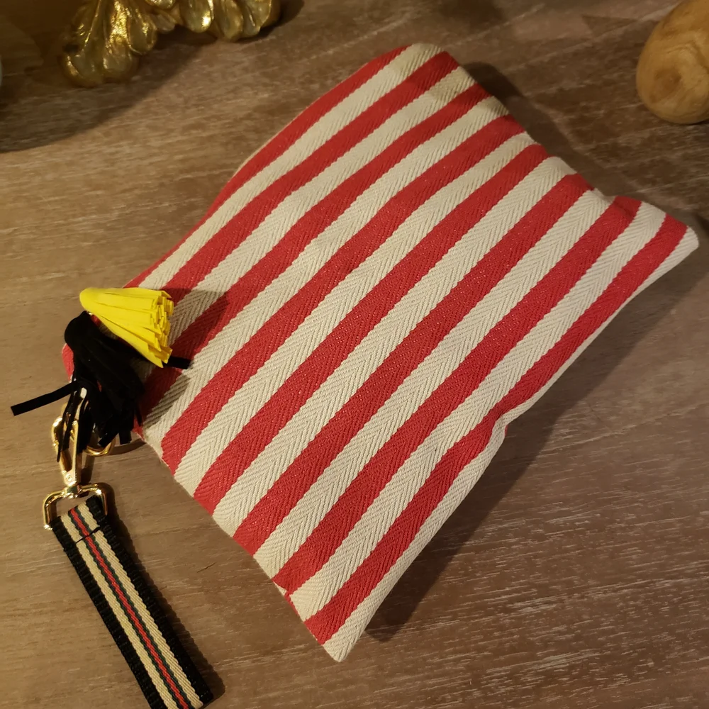NEW! Red & White Striped Zip Pouch w/ Yellow Tassle